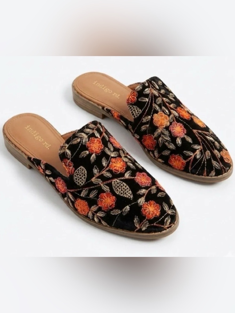 Indigo Black Velvet Floral Embroidered Slip-On Mules with Orange Roses